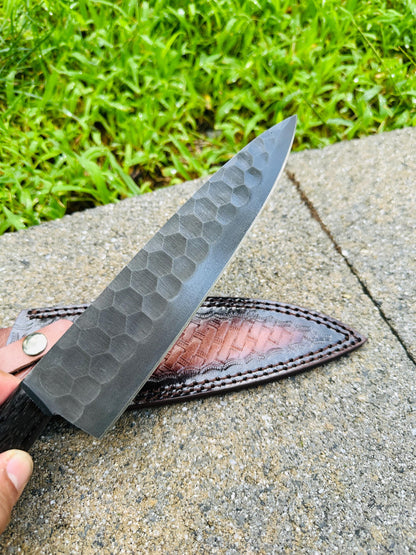 Hammer-Textured Carbon Steel Chef Utility Tool | Rosewood & Ebony Grip | Stamped Leather Sheath