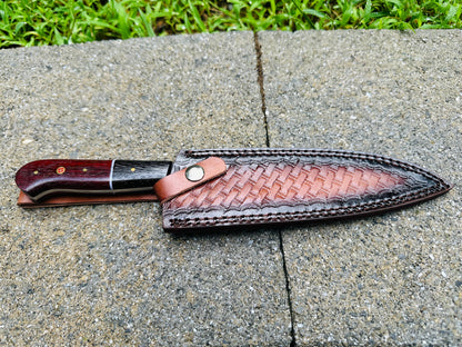 Hammer-Textured Carbon Steel Chef Utility Tool | Rosewood & Ebony Grip | Stamped Leather Sheath