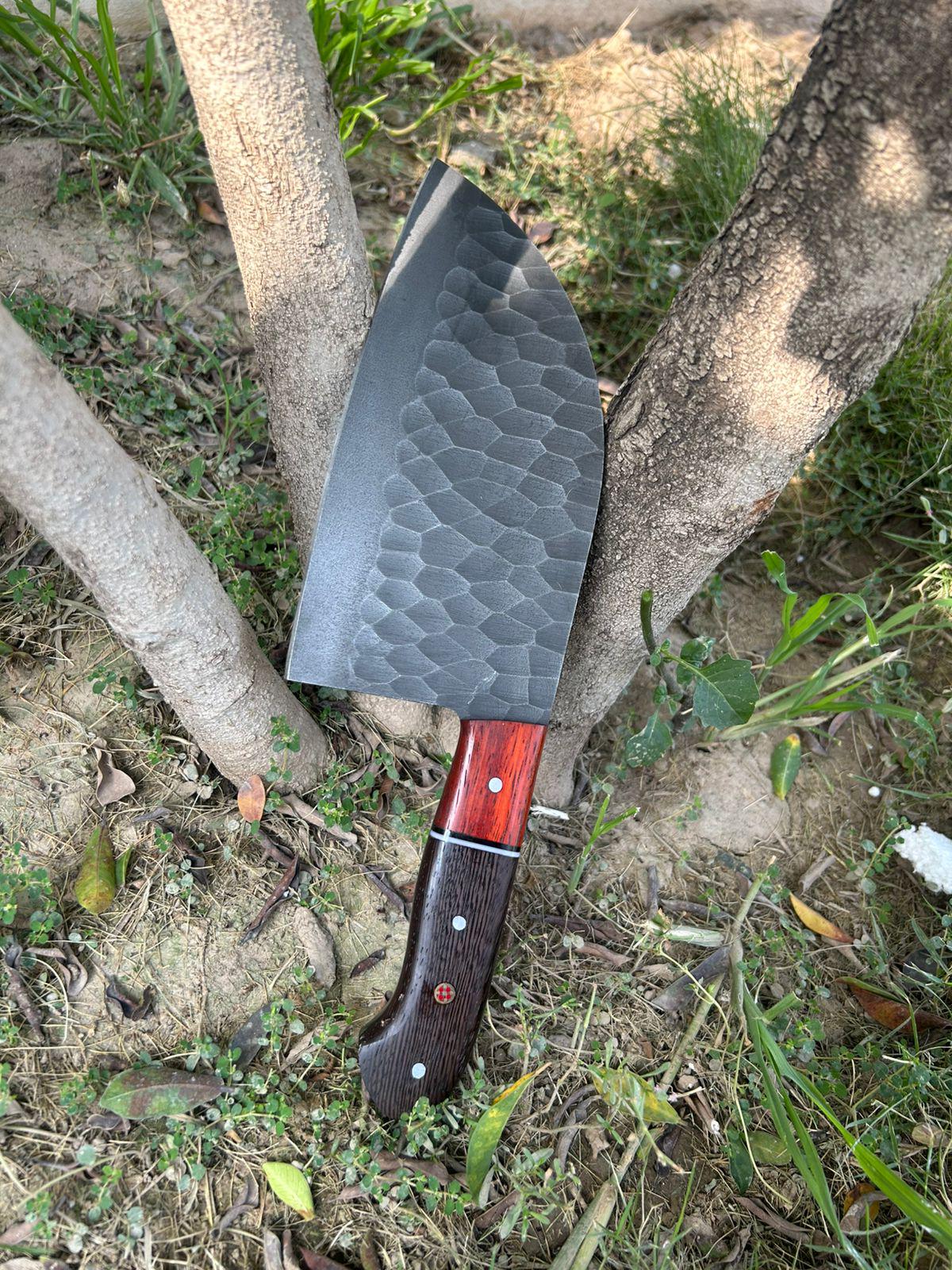 Forged Kurouchi Carbon Steel Serbian Chef Tool | Padauk and Wenge Wood Handle | Meat Slicer