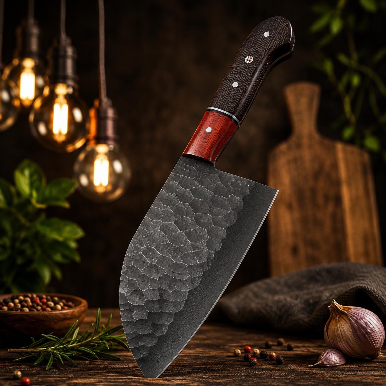 Forged Kurouchi Carbon Steel Serbian Chef Tool | Padauk and Wenge Wood Handle | Meat Slicer