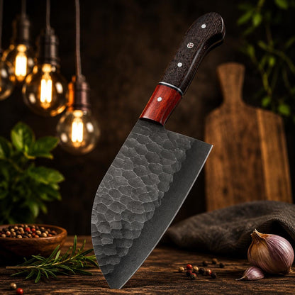Forged Kurouchi Carbon Steel Serbian Chef Tool | Padauk and Wenge Wood Handle | Meat Slicer