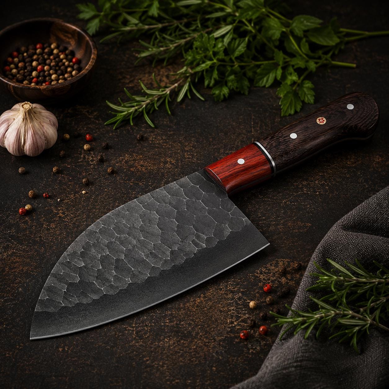 Forged Kurouchi Carbon Steel Serbian Chef Tool | Padauk and Wenge Wood Handle | Meat Slicer