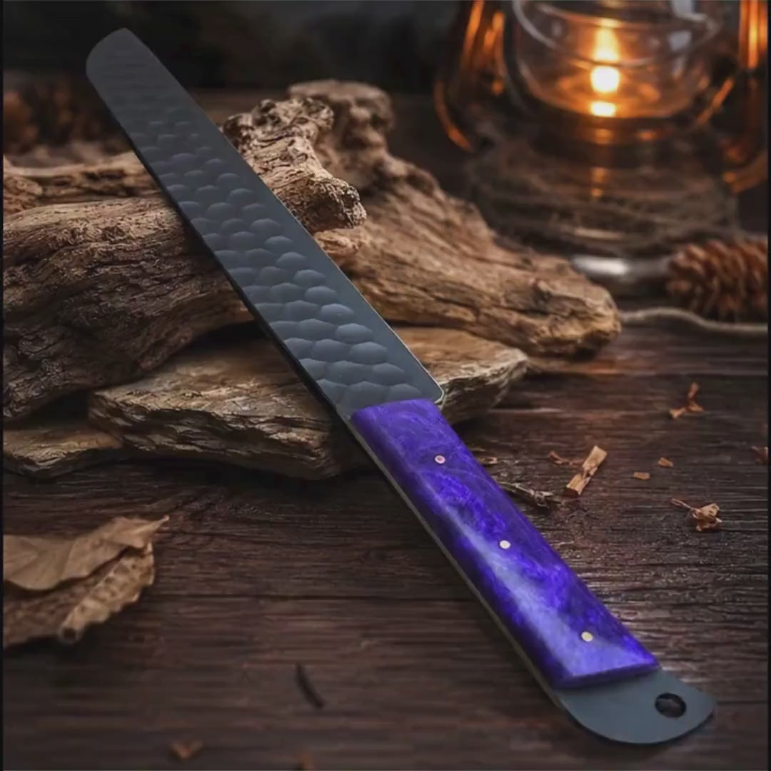 Amethyst Resin Kitchen Cleaver Knife with Black Hammered Blade & Tooled Leather Sheath