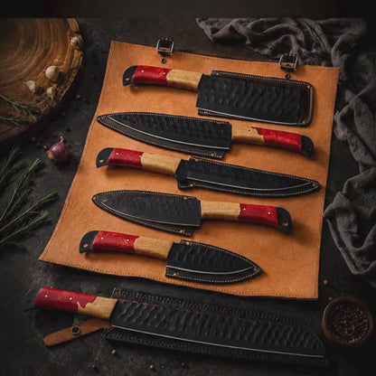 Crimson Resin & Wood Kitchen Knife Set with Black Blades and Leather Sheath