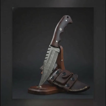 Hand Forged Damascus Steel Knife | Rosewood Handle, Leather Sheath