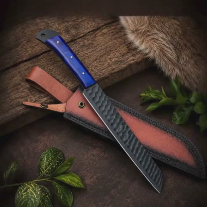 Hand Forged Cobalt Blue Resin Kitchen Knife with Black Blade and Tooled Leather Sheath