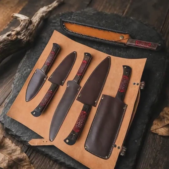 Crimson Honeycomb Resin Kitchen Knife Set with Black Textured Blades & Leather Case