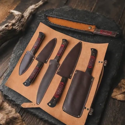Crimson Honeycomb Resin Kitchen Knife Set with Black Textured Blades & Leather Case
