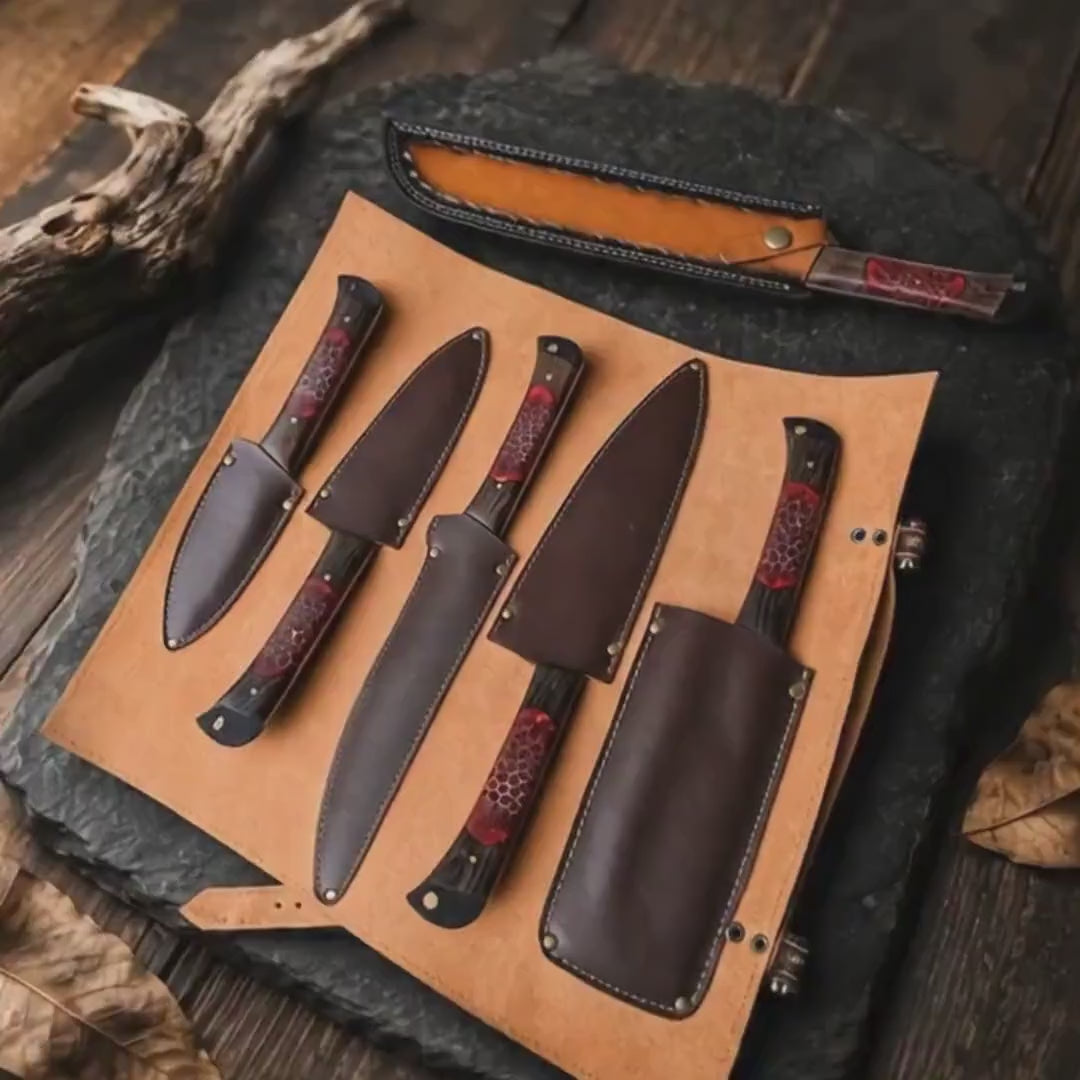 Crimson Honeycomb Resin Kitchen Knife Set with Black Textured Blades & Leather Case