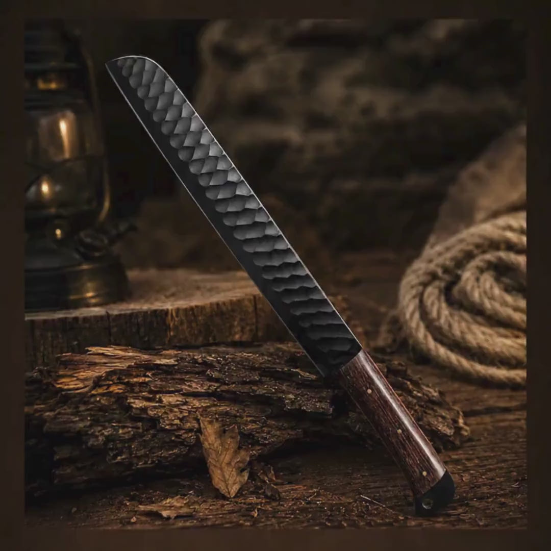 Hand Forged Kitchen Cleaver Knife with Textured Black Blade & Custom Leather Sheath