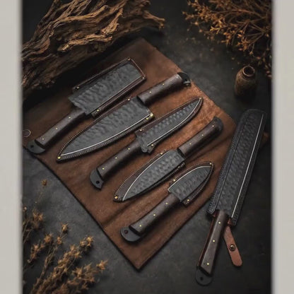 Handmade Black Hammered Steel Chef Set with Wood Handle and Leather Roll