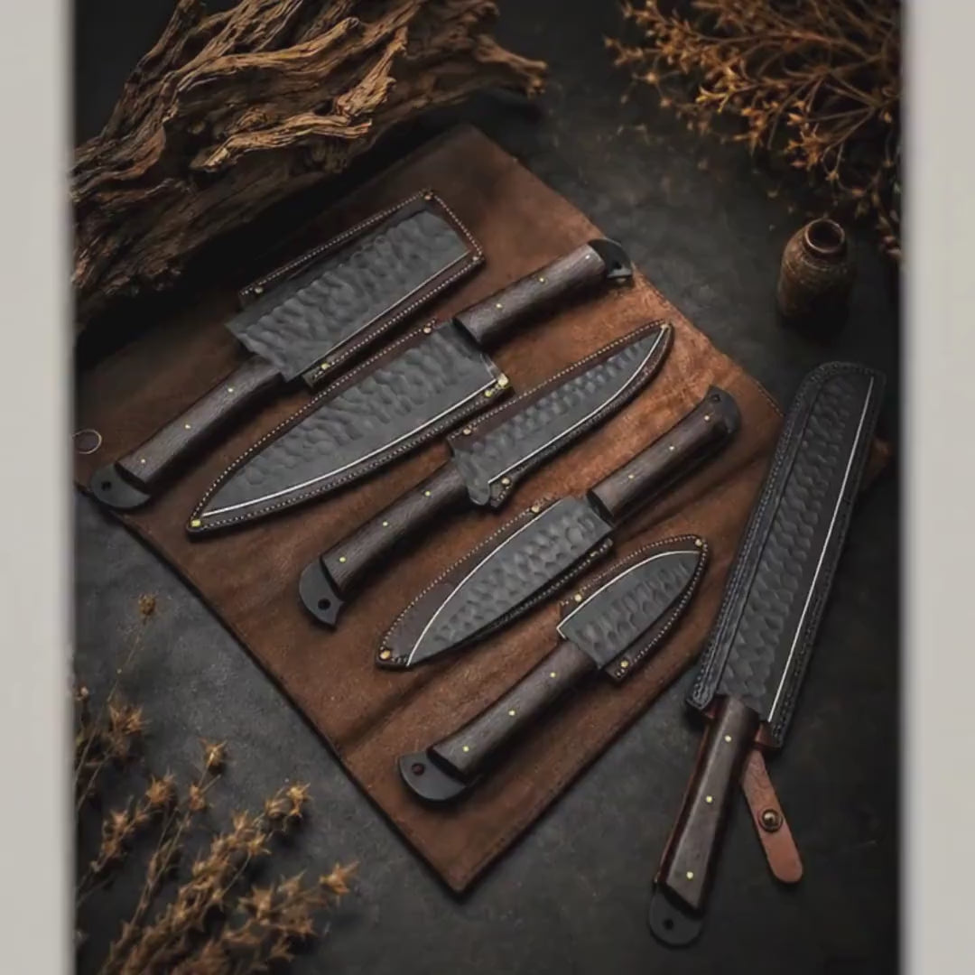 Handmade Black Hammered Steel Chef Set with Wood Handle and Leather Roll