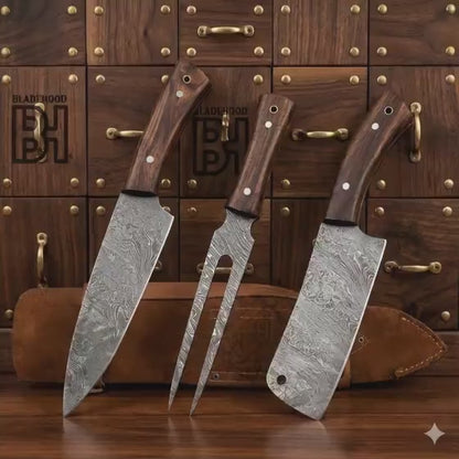 Handmade Damascus Steel Chef Knife Set: Rosewood Handle, Leather Bag