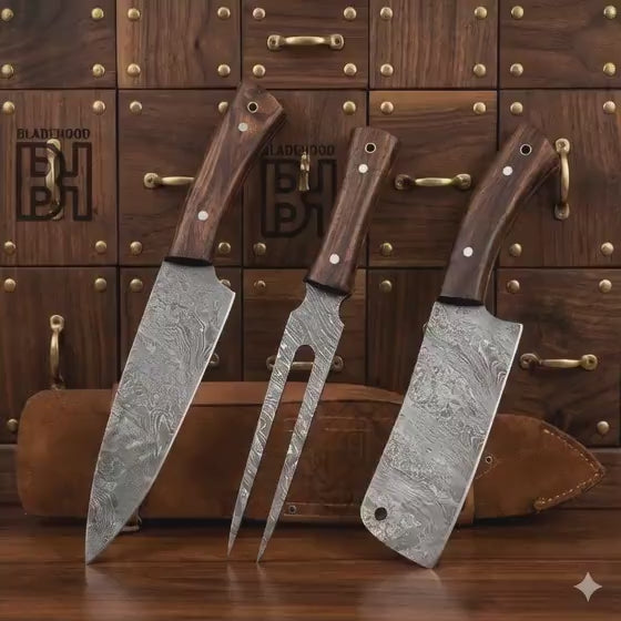 Handmade Damascus Steel Chef Knife Set: Rosewood Handle, Leather Bag