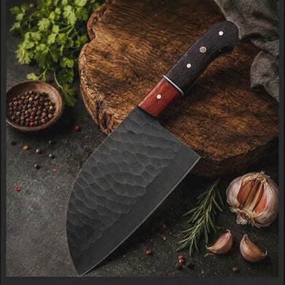 Forged Kurouchi Carbon Steel Serbian Chef Tool | Padauk and Wenge Wood Handle | Meat Slicer