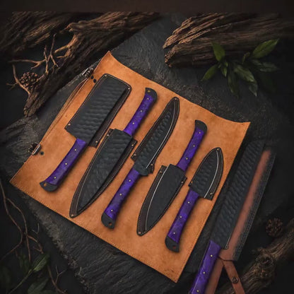 Purple Resin Handle Kitchen Knife Set with Black Blades & Leather Roll