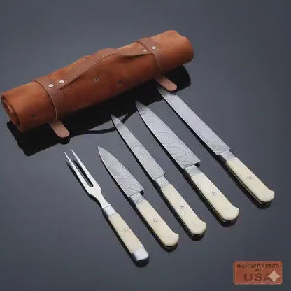 Damascus Brisket Knife Set 5pc | Steak Knife & Carving Fork | Leather Roll