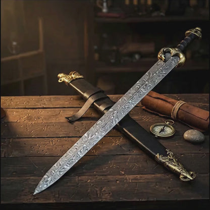 Hand Forged Damascus Short Sword | Display Collector Piece with Leather Scabbard